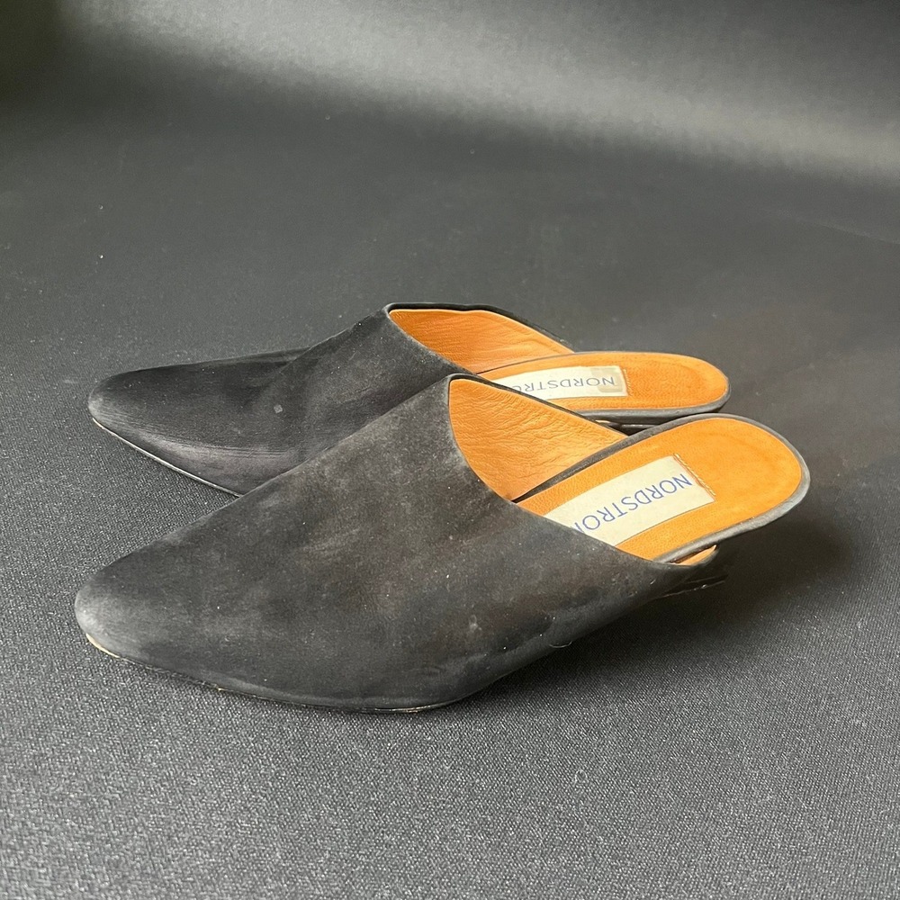 Nordstrom Black Suede Pointed Toe Mules Block Heel 8M Minimalist Office Slip on